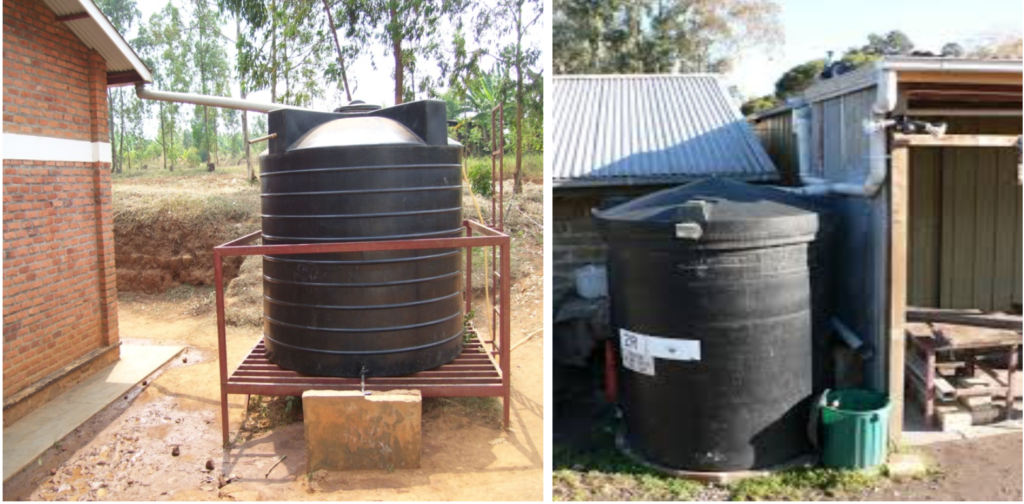 Rain water from roof top being collected in containers/drums.